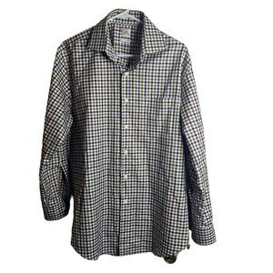 Peter Millar Shirt Mens M Button Up Long Sleeve Brown Blue White Check Plaid